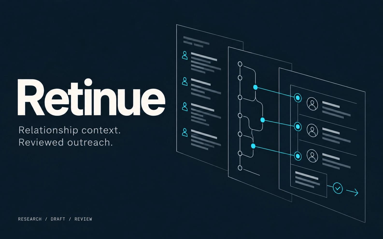 Retinue editorial cover with typography and a conceptual software workflow