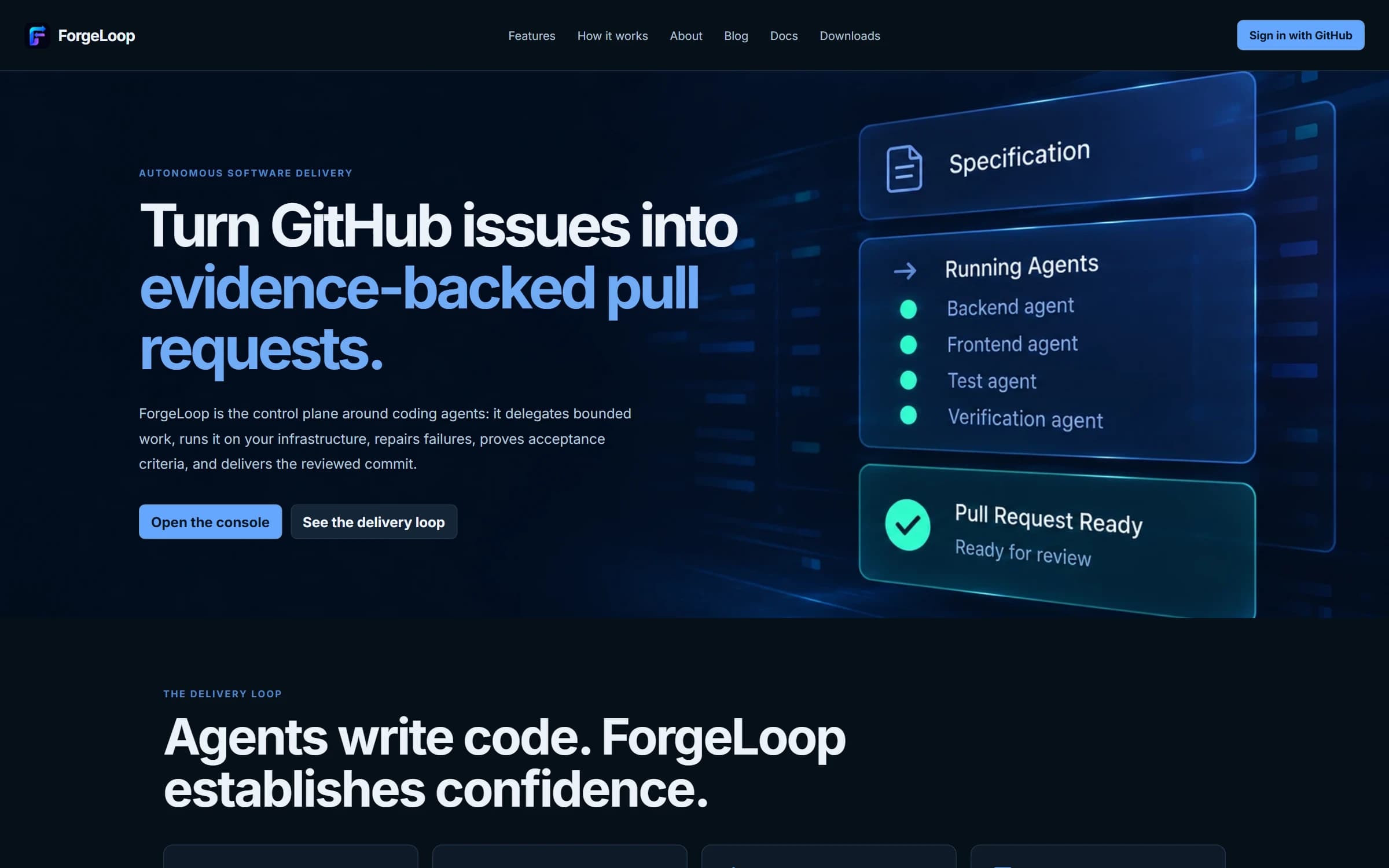 ForgeLoop website showing its product introduction and visual identity