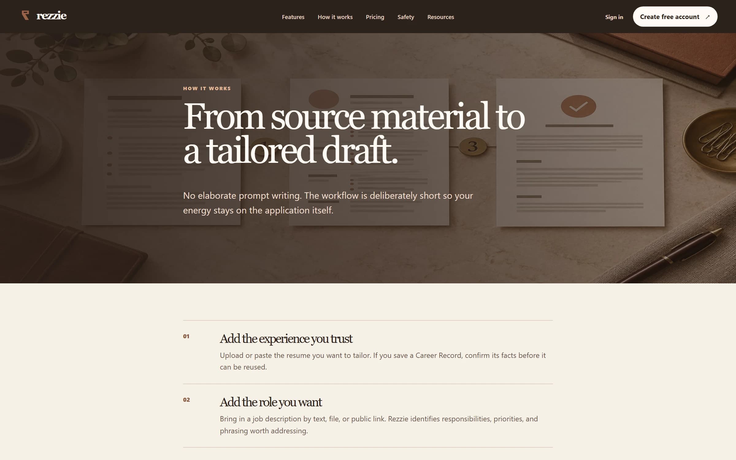 Rezzie's three-stage resume intake, job description, and review workflow