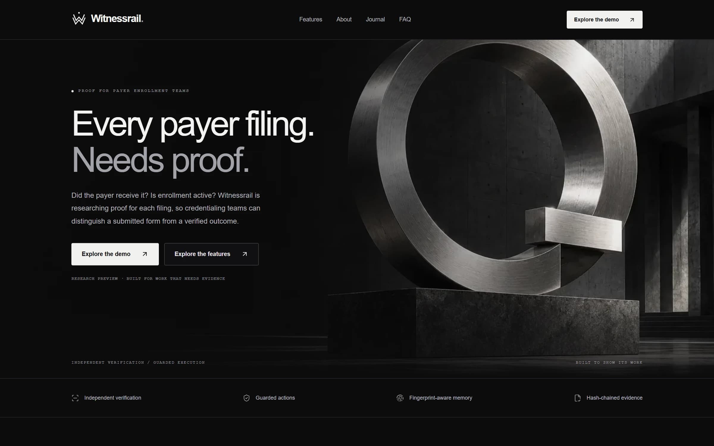 Witnessrail website showing its product introduction and visual identity